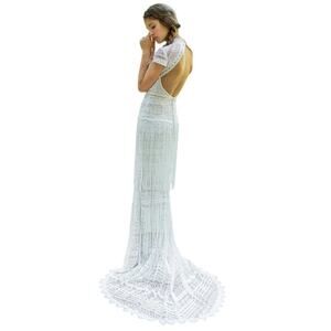 LILLIAN WEST Crochet Lace High Neck Bohemian Wedding Gown in Ivory SZ 6